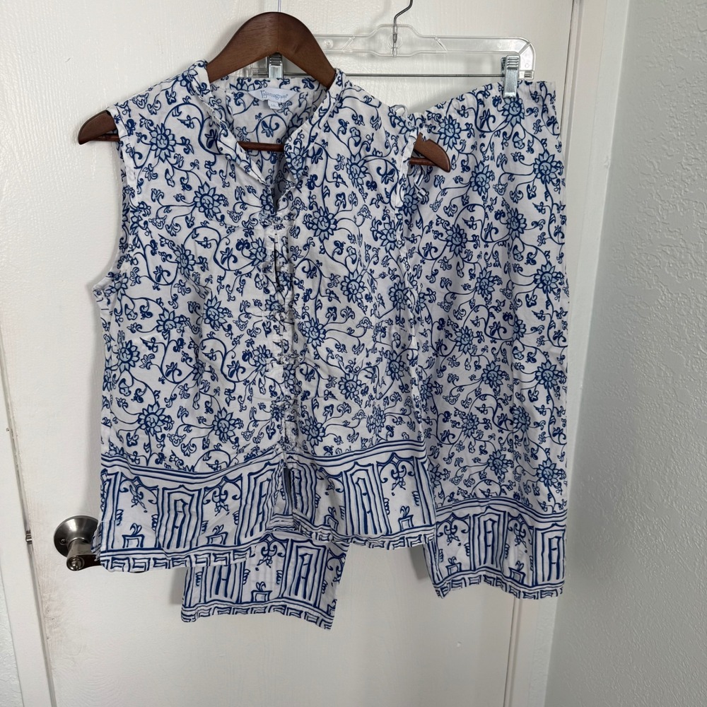 Pajamagram Pajama Set Women's Large Blue and White Botanical Print 100% Cotton